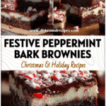 Stacked peppermint bark brownies topped with crushed candy canes and chocolate layers for a festive Christmas dessert.